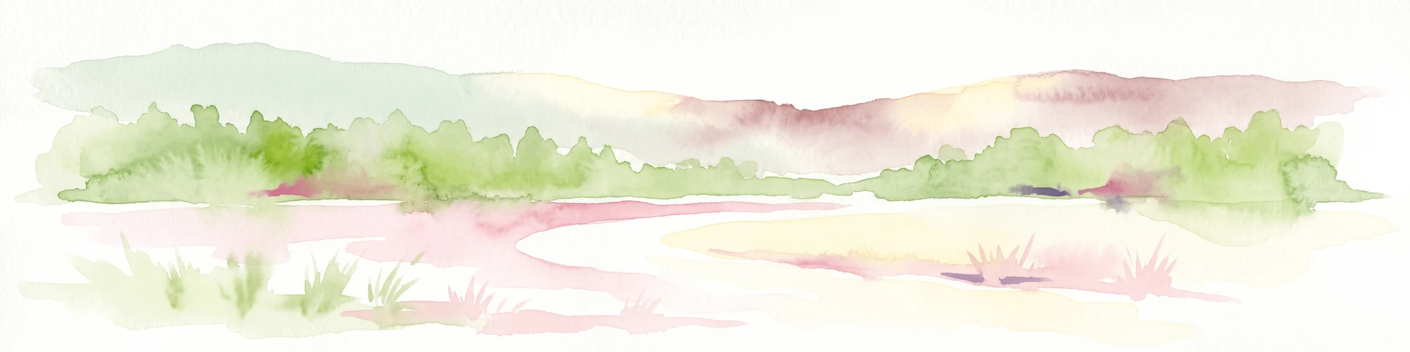 A soft, minimalist watercolor painting showing a green treeline against a pale pink and white background, suggestive of wetlands or ponds.