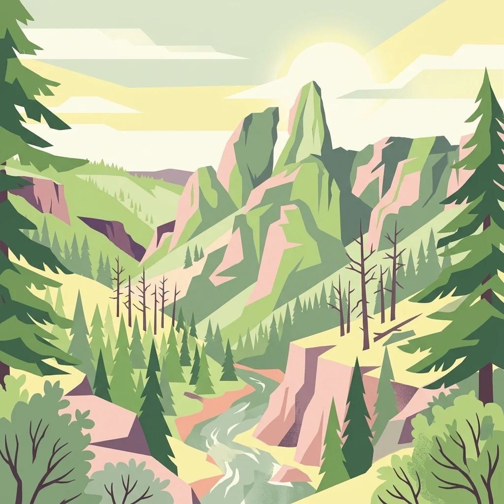 A stylized vector illustration of a forested canyon with a central winding river leading toward prominent, jagged volcanic rock spires under a soft, golden sky.