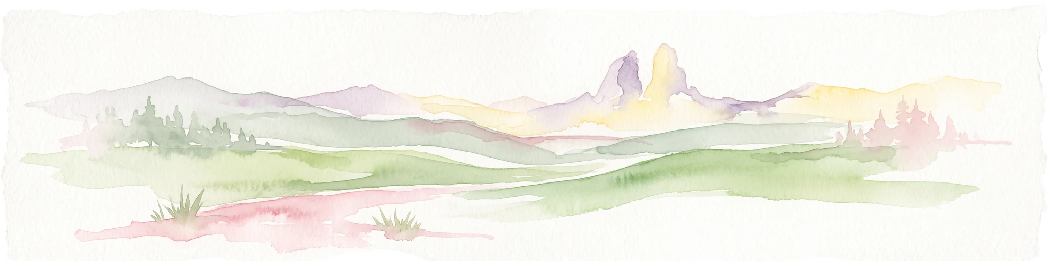A soft watercolor painting of a landscape featuring the Twin Pillars volcanic rock formations in the distance, set against rolling green hills and pine forests.