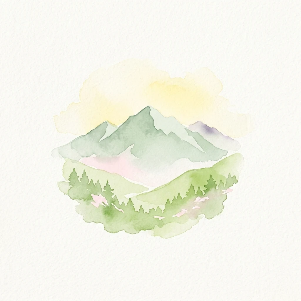 Ilustración en acuarela que muestra montañas verdes y un bosque con un cielo amarillo suave
