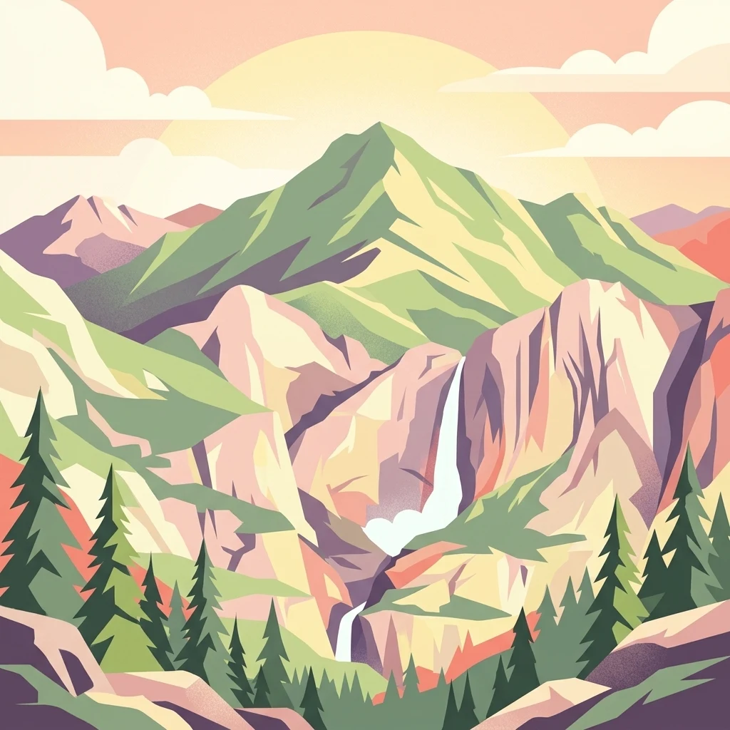 Ilustración estilizada de un paisaje de montaña con una cascada, árboles de hoja perenne y un sol poniente