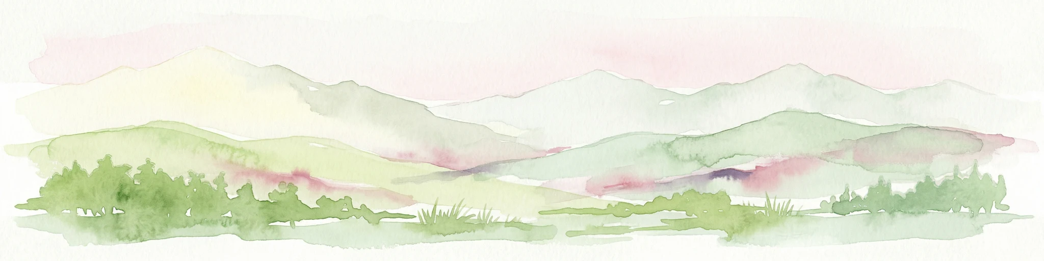 Pintura de acuarela de cordilleras verdes y rosadas con un primer plano boscoso y picos distantes.