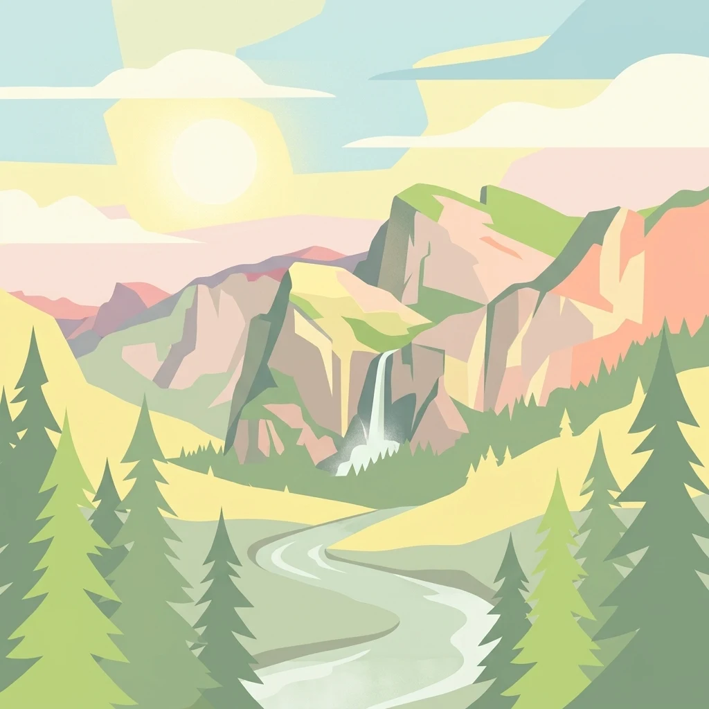 A digital illustration of a mountainous landscape with a cascading waterfall in the center, a winding river in the foreground, and pine trees lining the edges under a sunset sky.