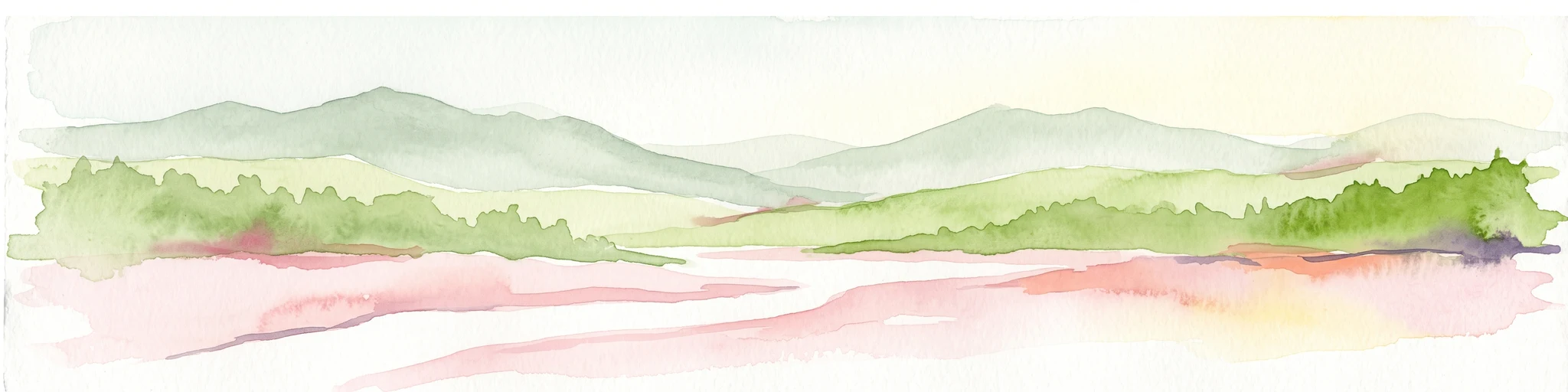 A watercolor painting showing a soft landscape with green hills, a tree line, and pinkish mudflats or shallow water in the foreground.