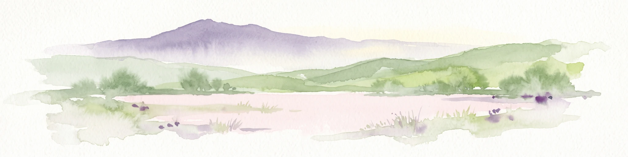 A watercolor painting showing a soft, atmospheric landscape with a pink-toned lagoon in the foreground, green hills in the midground, and a hazy purple mountain in the background.