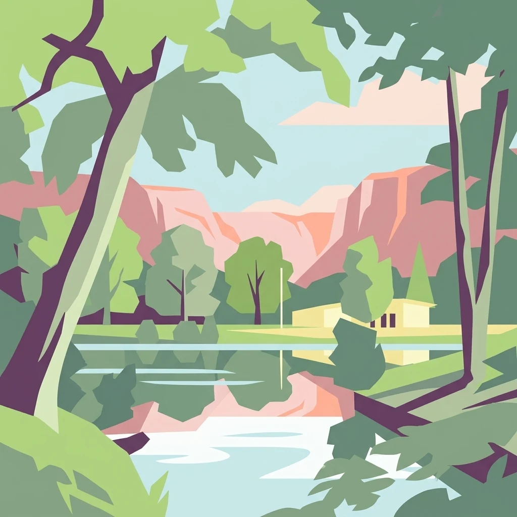 A graphic illustration depicting a valley with a stream in the foreground, trees on the banks, and hills in the background under a pale sky.