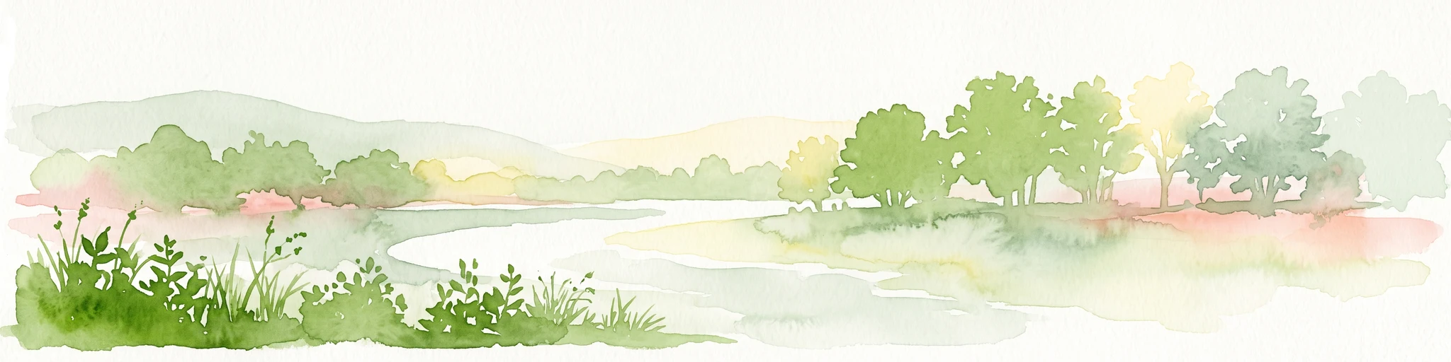 A watercolor illustration of a calm stream flowing through a green valley with trees and gentle hills in the background.