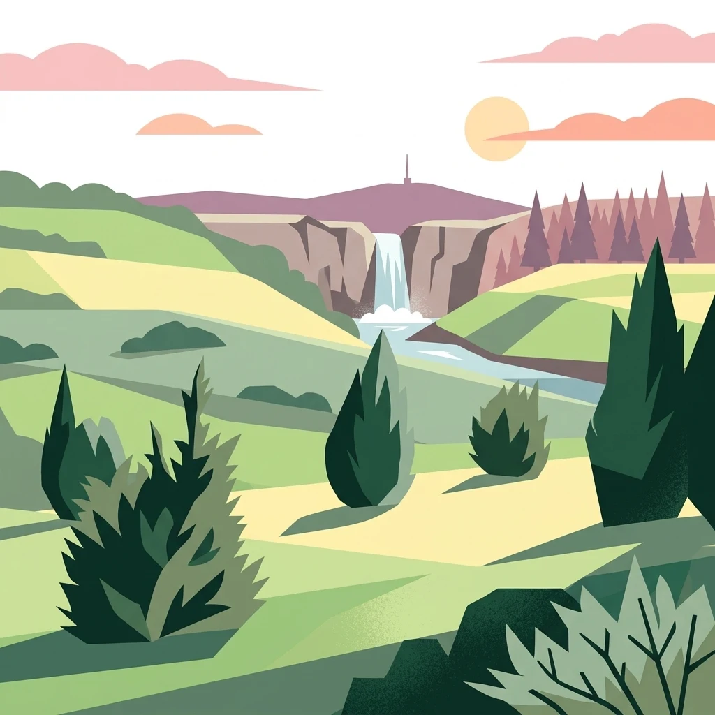 A minimalist, flat-style digital illustration showing a vibrant green valley with scattered coniferous trees, a cascading waterfall between cliffs, and a small tower on the horizon under a soft sunset sky.