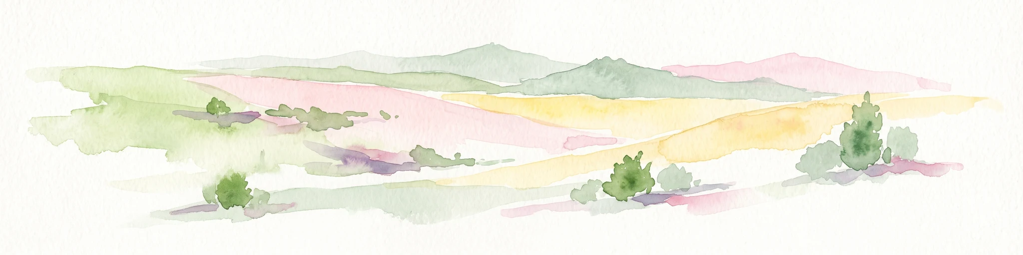 A soft watercolor painting of rolling green and yellow hills under a clear sky, featuring sparse shrubbery and a gentle, layered horizon.