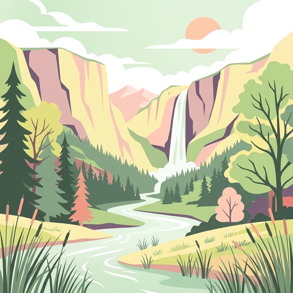 Una ilustración digital de estilo plano de un valle entre escarpados acantilados rocosos, con una alta cascada que se precipita hacia un río serpenteante rodeado de un bosque de pinos y árboles de hoja caduca bajo un sol de colores suaves.