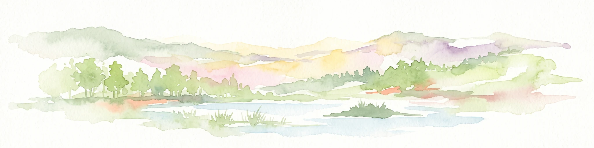 Watercolor illustration showing a soft landscape with a pond, marsh vegetation, and a background of rolling hills or meadows.