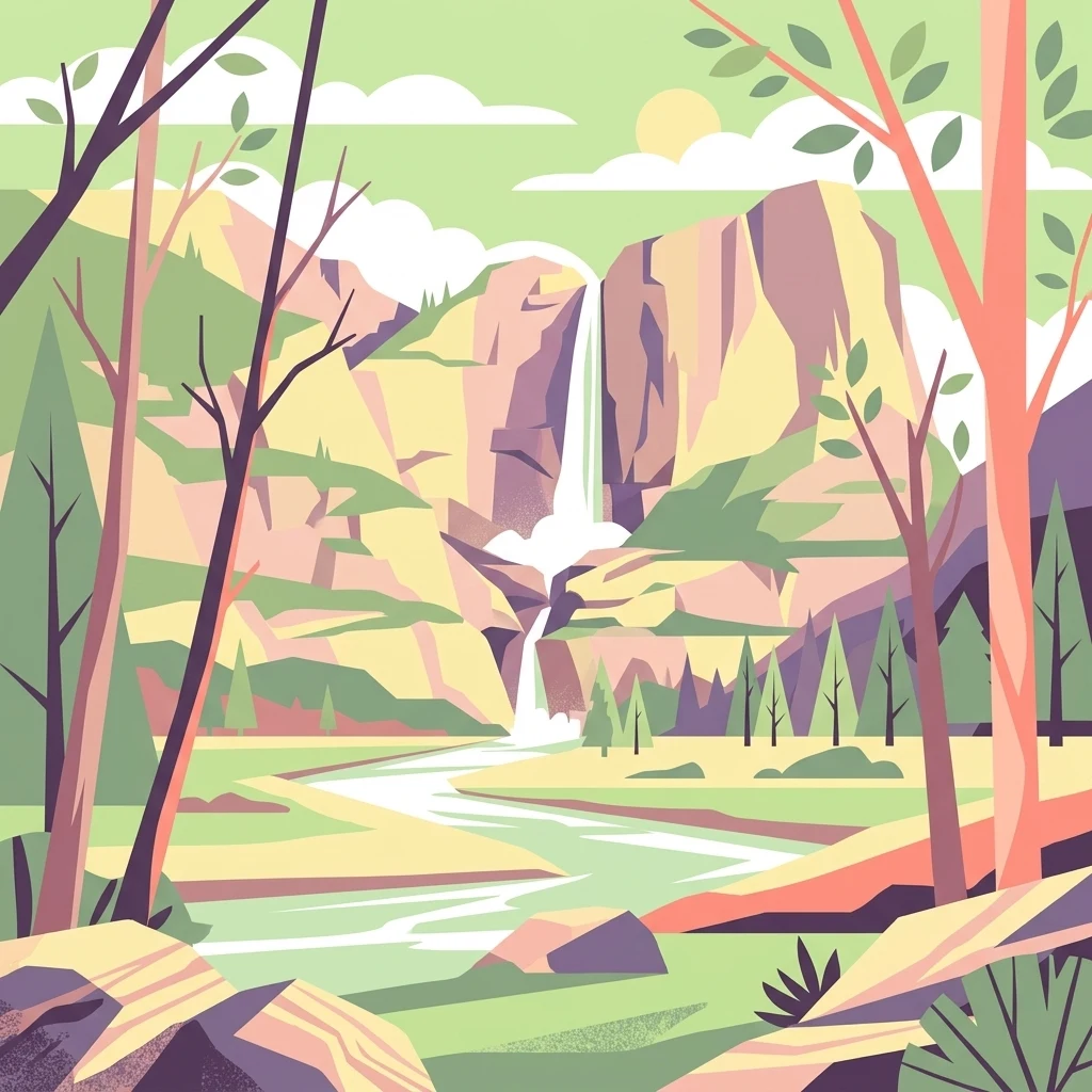 Una ilustración digital de estilo plano que representa un valle de montaña, una cascada, un río que fluye por el primer plano y vegetación forestal circundante.