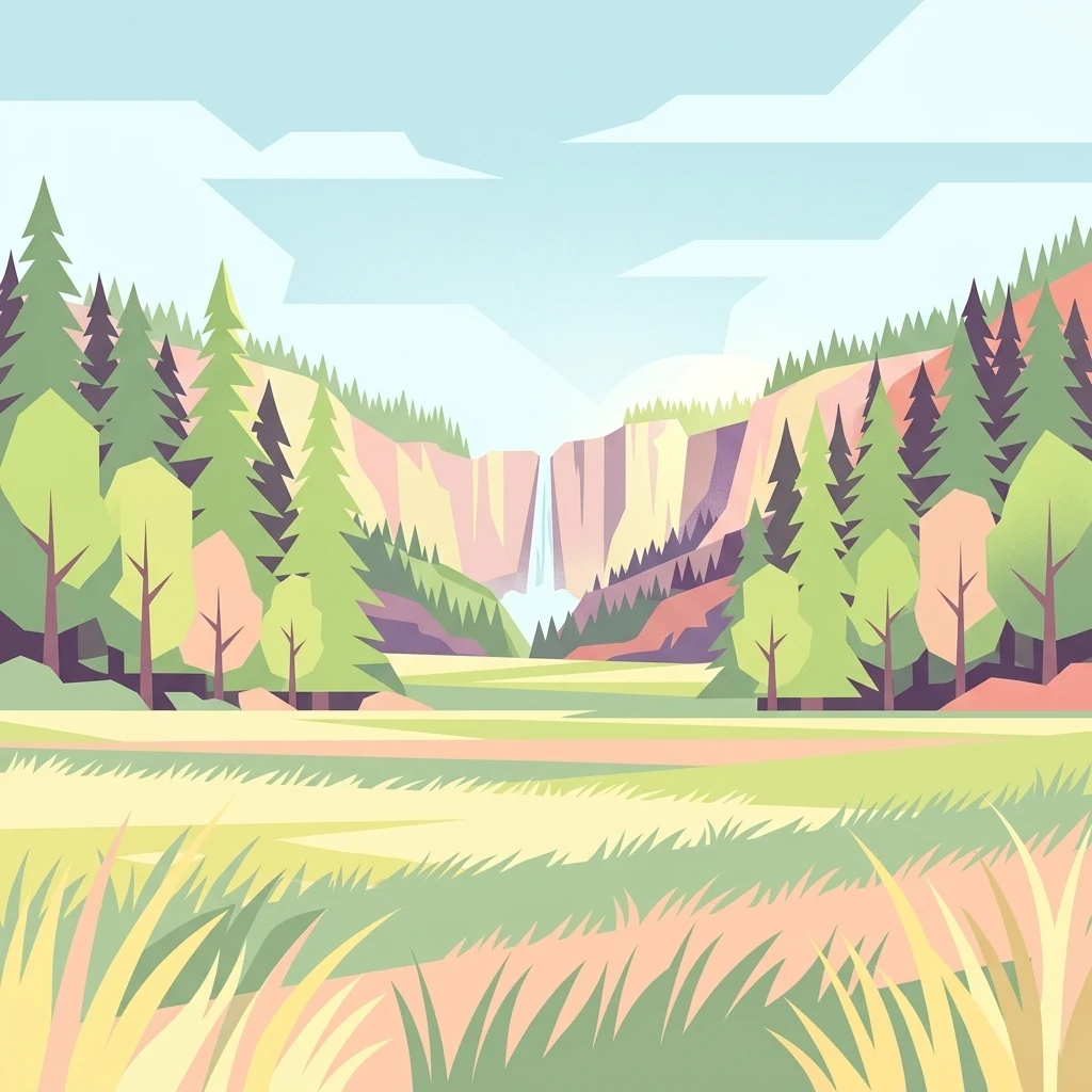 A stylized vector illustration featuring a grassy foreground; a valley with pine trees and deciduous trees on the sides; and a prominent waterfall cascading between cliffs in the background under a pale sky.