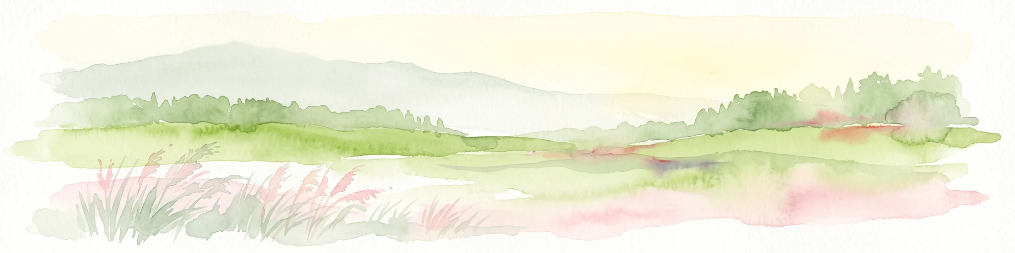 A watercolor painting showing a soft, impressionistic landscape with green hills, forested ridgelines in the distance, and pink wildflowers in the foreground.