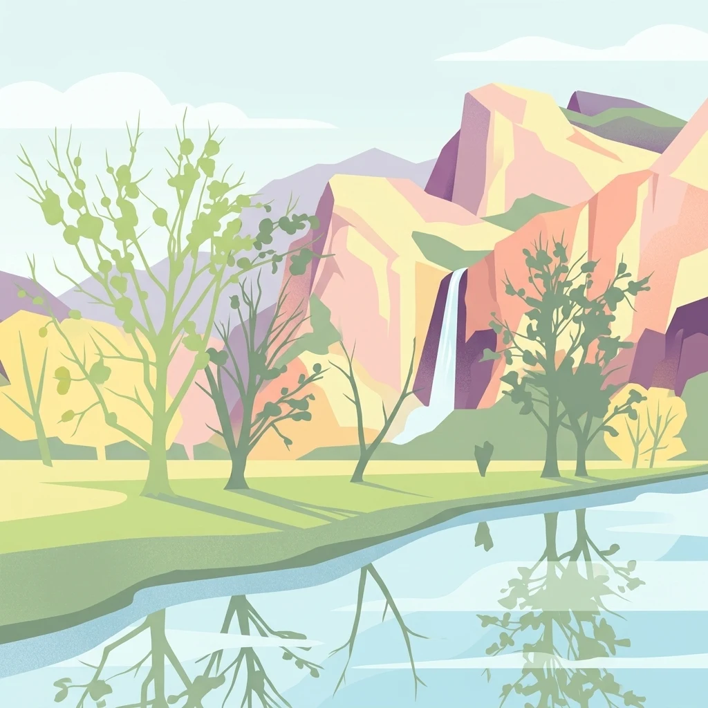 A graphic illustration showing a river in the foreground with trees on its bank, and a tall waterfall cascading from pink and orange cliffs in the background.
