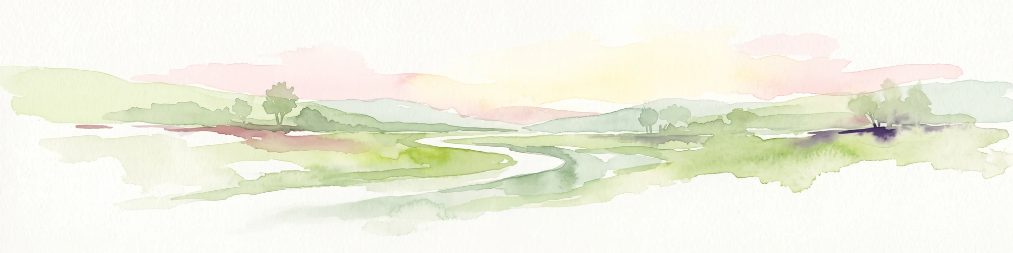 A soft, impressionistic watercolor painting depicting a meandering river flowing through a green landscape with rolling hills and scattered trees, rendered in light pastels.