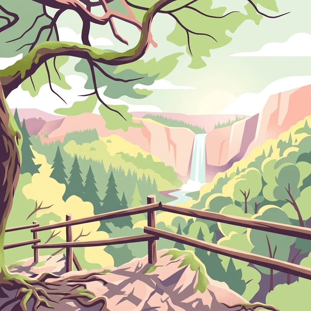 A stylized digital illustration of a mountain lookout point. In the foreground, there is a wooden post and rail fence on a rocky ledge. A gnarled tree branch arches overhead. In the distance, a valley with forest cover and a prominent waterfall on a cliff face are visible.