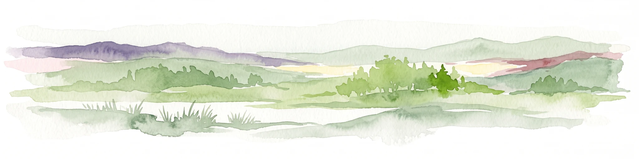 Una pintura horizontal en acuarela que muestra un paisaje suave y estilizado con colinas verdes onduladas, crestas lejanas de tonos púrpura y elementos de hierba en primer plano sobre un fondo blanco.