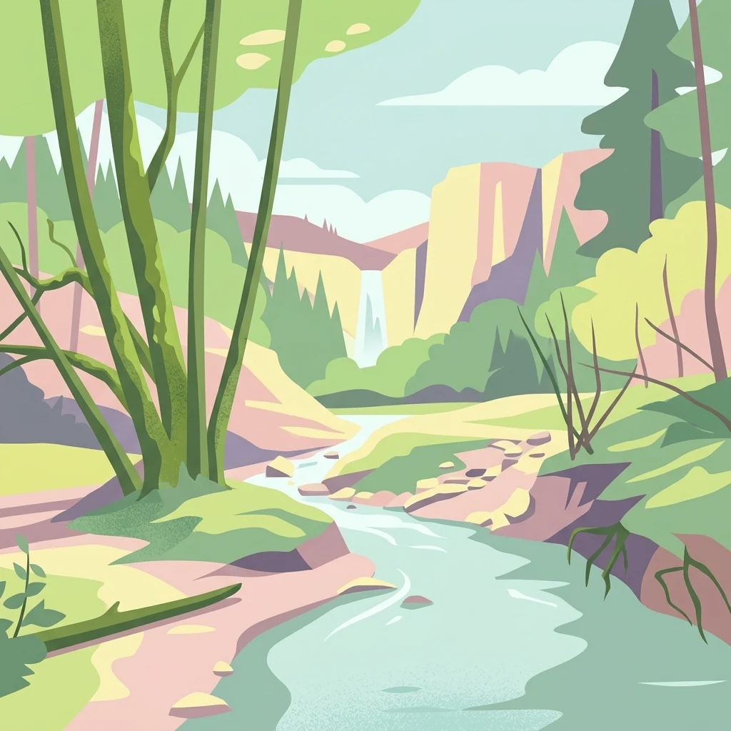 Una ilustración digital de estilo plano de un paisaje natural sereno con un río que serpentea entre árboles, con una cascada que cae por acantilados lejanos bajo un cielo pálido.