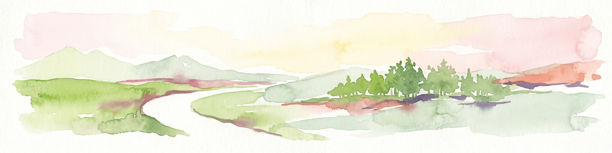 Watercolor painting of a green valley with a winding river and a small group of trees under a light sky.