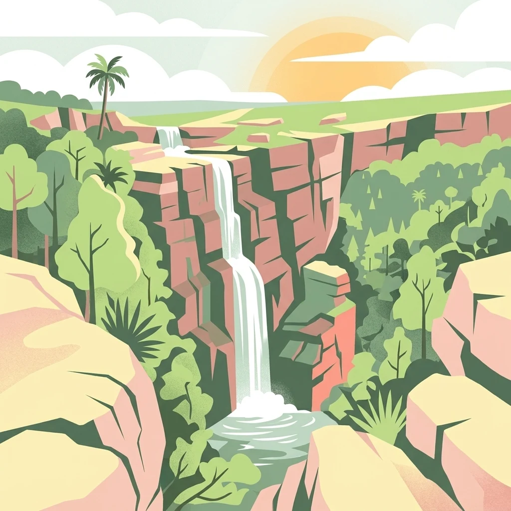 A digital illustration showing a waterfall flowing over layered rock cliffs into a pool, surrounded by lush green forest and palm trees under a setting sun.