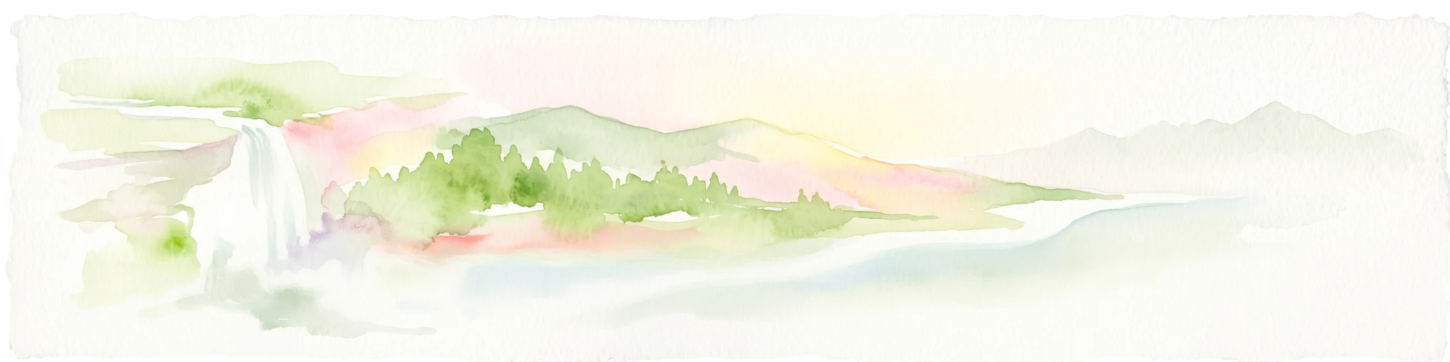 A soft watercolor painting depicting a coastal landscape with a waterfall cascading toward the ocean, surrounded by rolling hills and greenery.