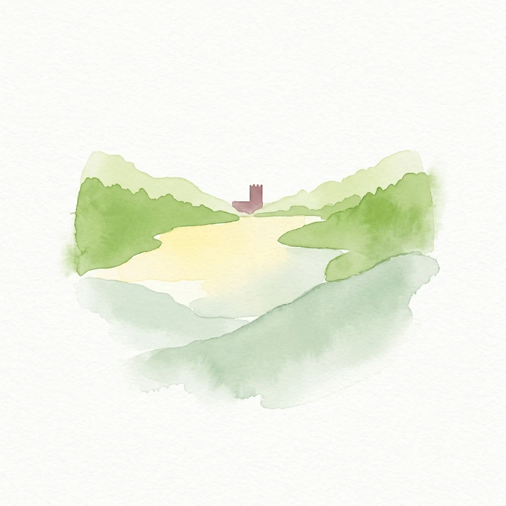Ilustración de acuarela que muestra un lago rodeado de colinas verdes con una pequeña estructura en una isla.