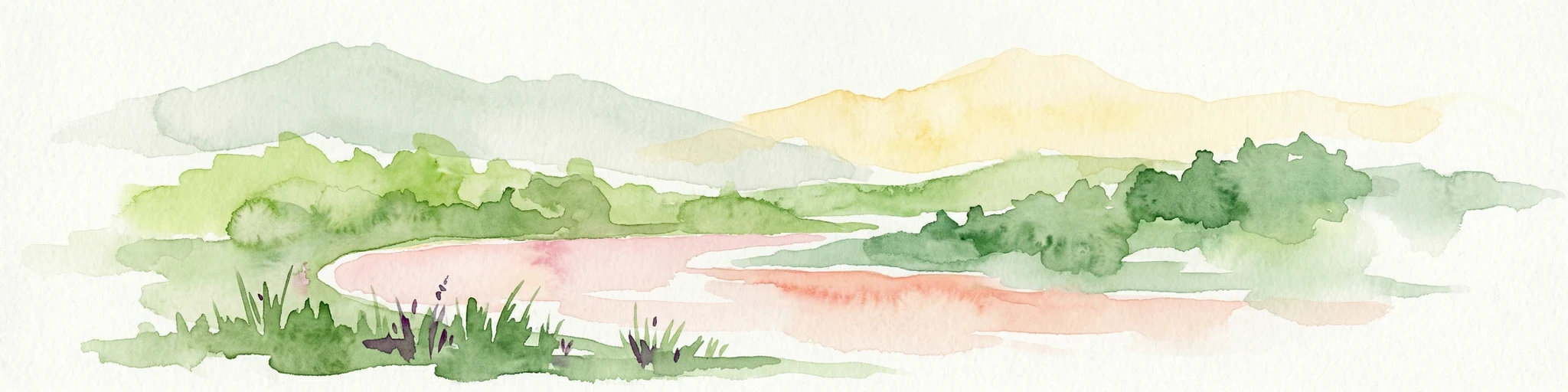 Pintura de acuarela que muestra dos lagos de tonos rosados rodeados de vegetación verde y montañas distantes bajo un cielo amarillo claro