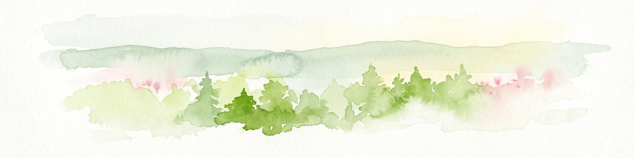 Una acuarela de una ladera verde cubierta de árboles sobre un fondo pálido.