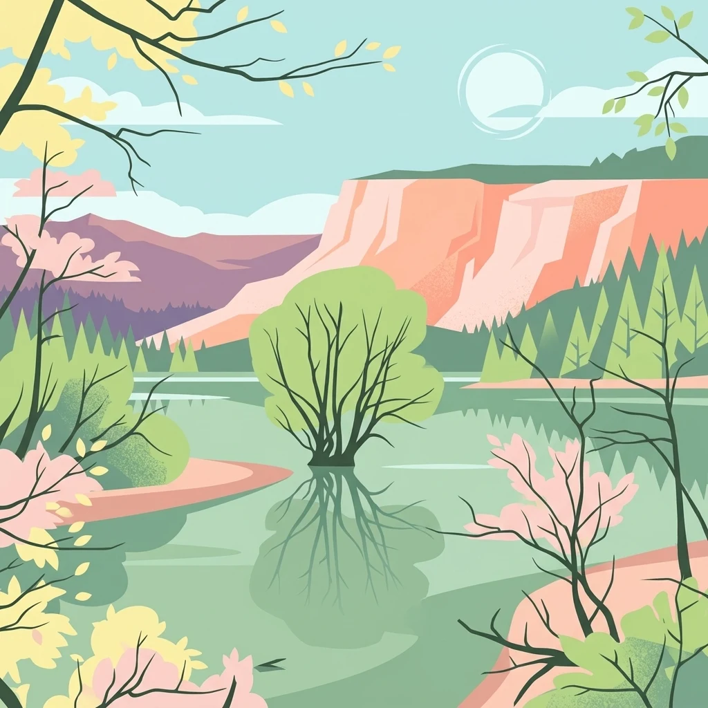 A flat, stylized illustration showing a calm lake reflecting a central tree, with forested shorelines and rocky cliffs in the background under a pale sky.