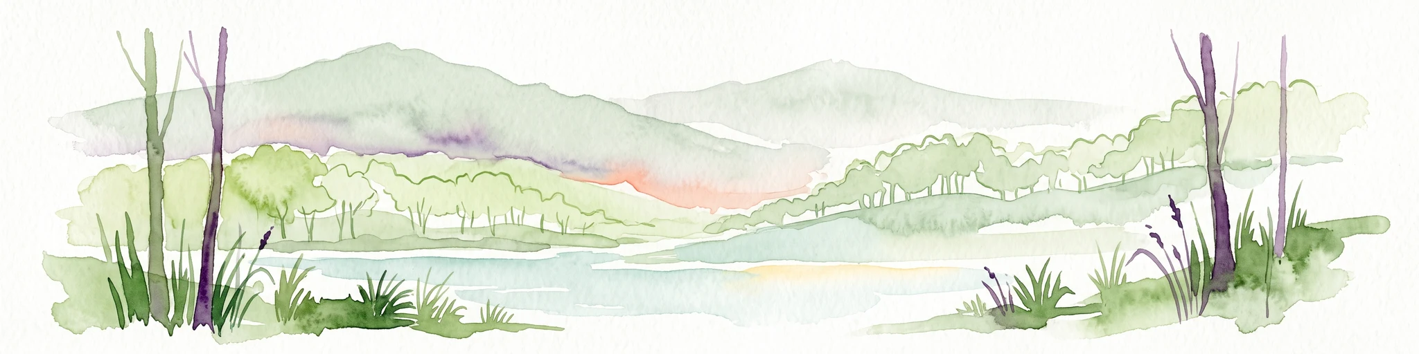 A watercolor illustration showing a landscape with a calm body of water, grassy banks, and rolling hills in the background.