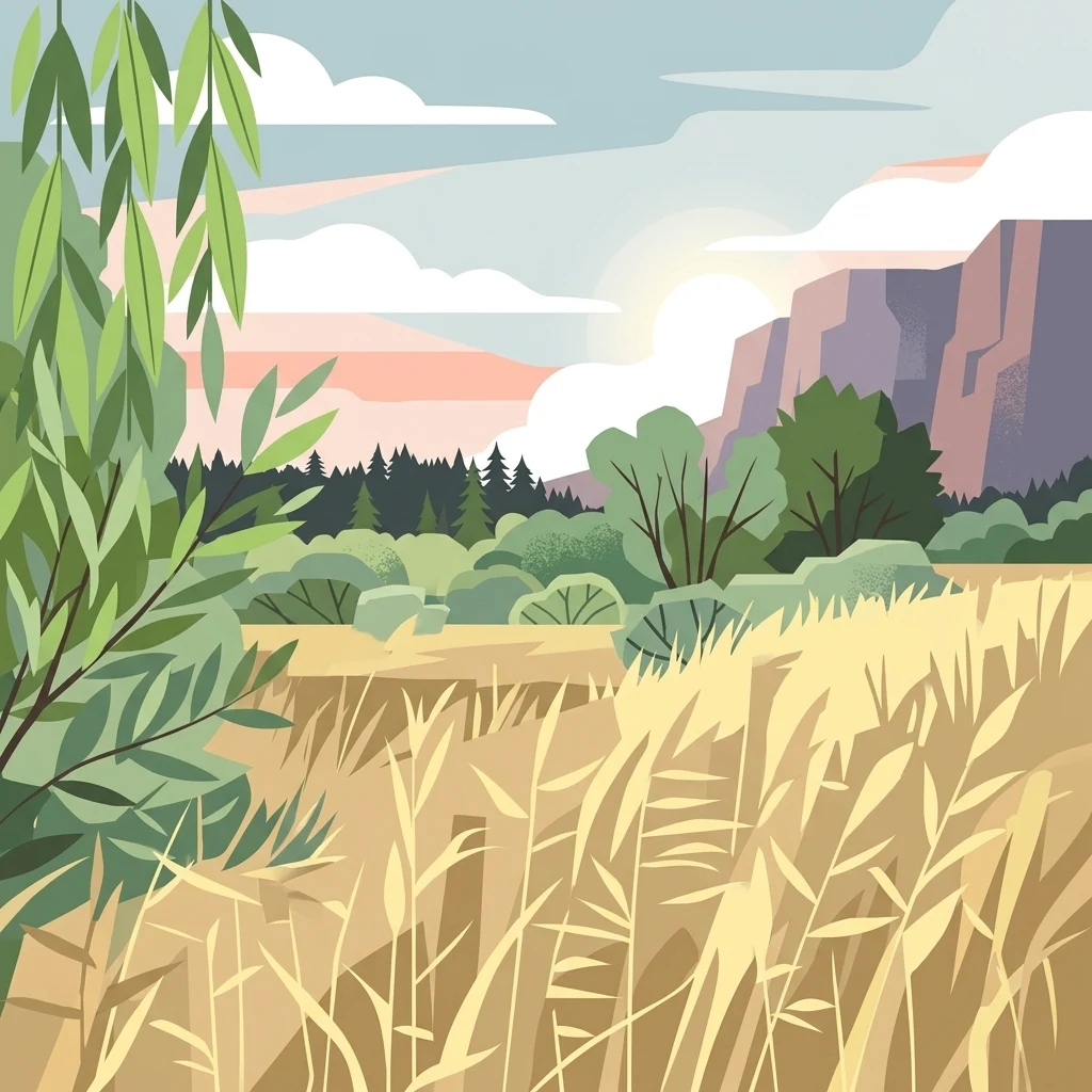 A flat, stylized digital illustration of a nature scene with tall grasses in the foreground, a dense forest and shrubbery in the middle ground, and rocky cliffs under a soft sunset sky in the background.