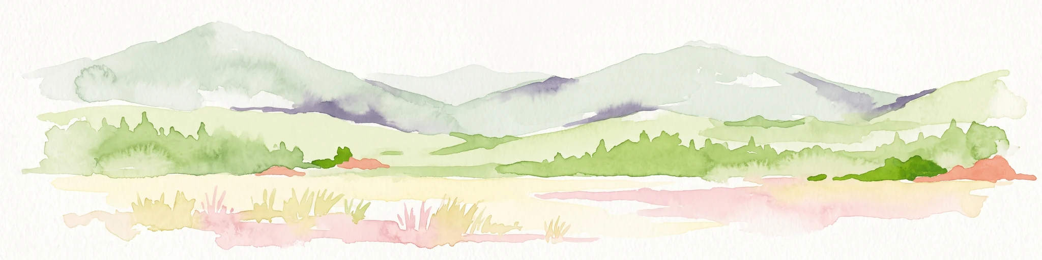Una acuarela de un paisaje boscoso ondulado con colinas suaves y colores claros.