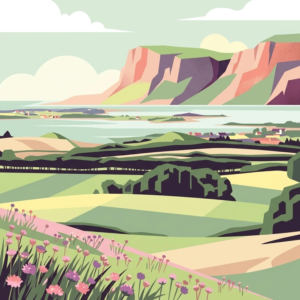 A flat-style digital illustration showing a hilly landscape with meadows, wildflowers in the foreground, and distant cliffs overlooking a bay.