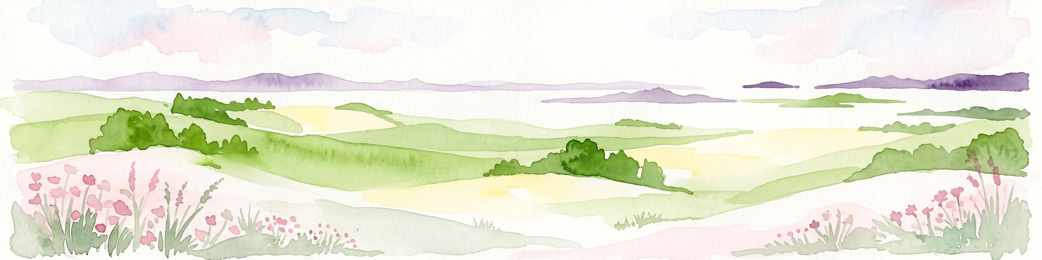 Pintura en acuarela de un paisaje panorámico con colinas verdes onduladas, follaje ligero y parches de flores silvestres rosadas en primer plano.