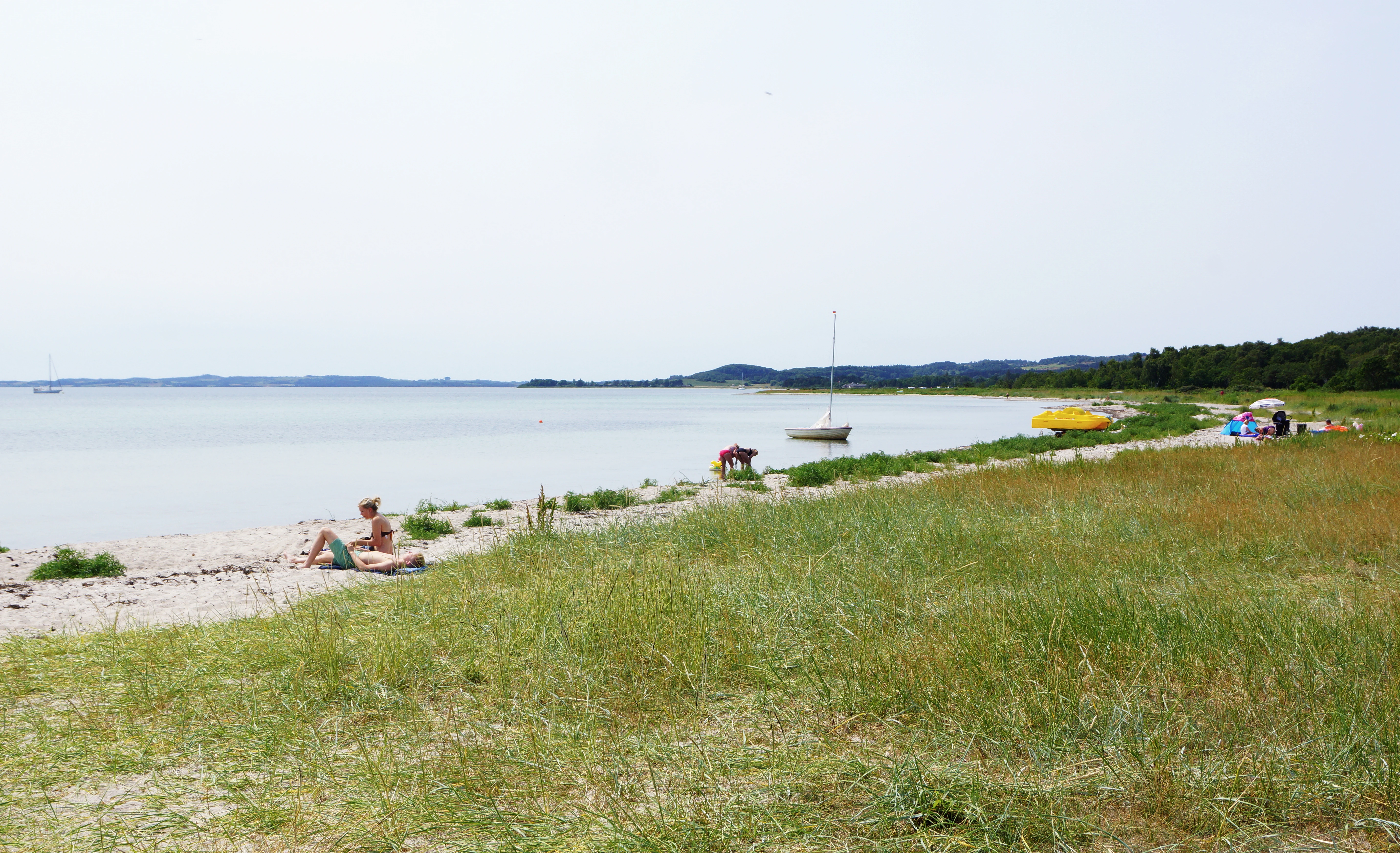 Grassy shoreline with people relaxing on sandy beach near calm water, small boat anchored offshore, distant trees on horizon