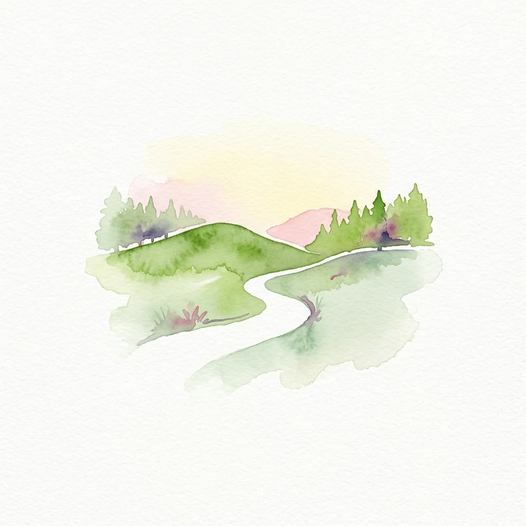 Watercolor painting of green rolling hills, a winding white path, scattered trees, and a pastel sky