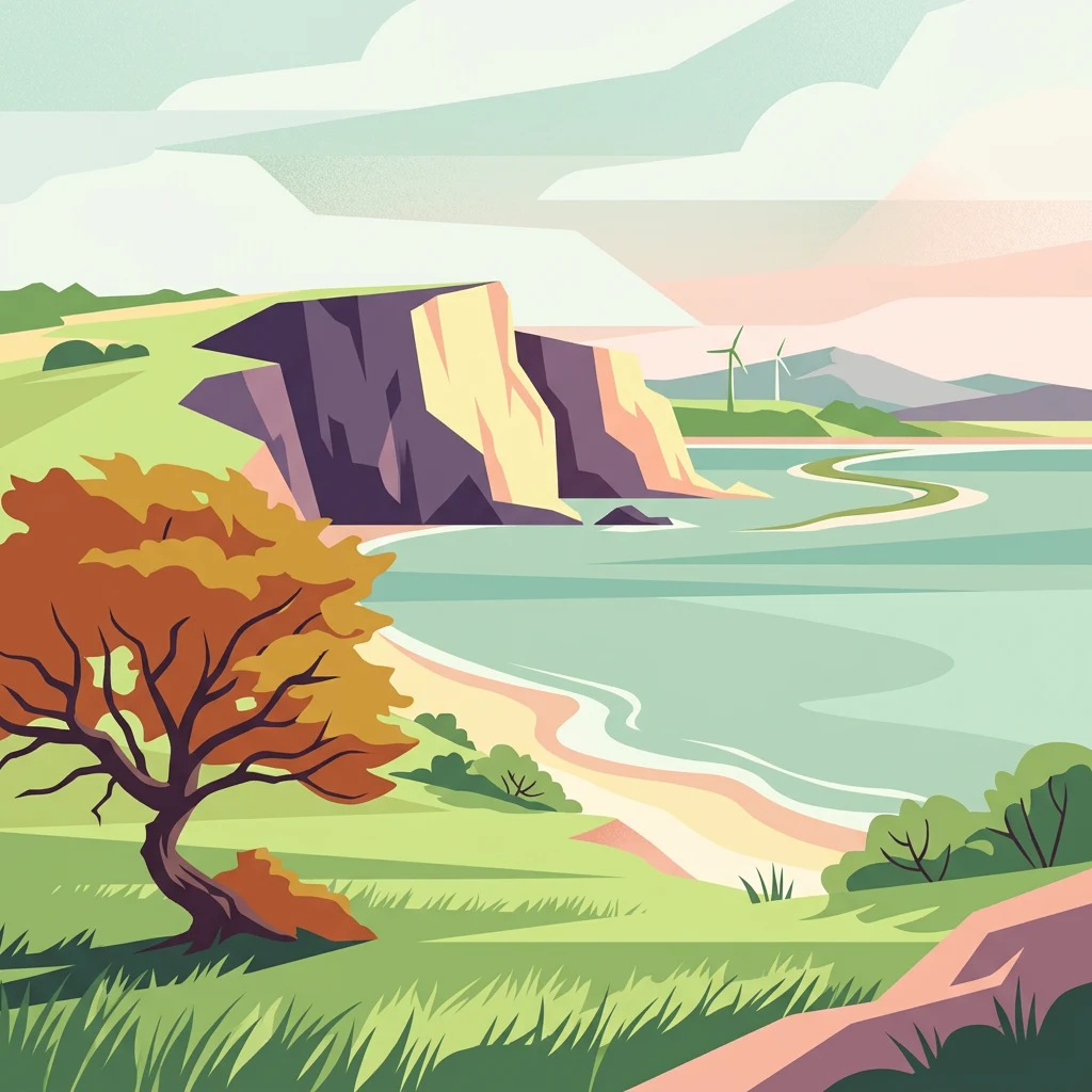 Ilustración estilizada que muestra acantilados costeros, playa de arena, océano y un árbol grande con follaje otoñal
