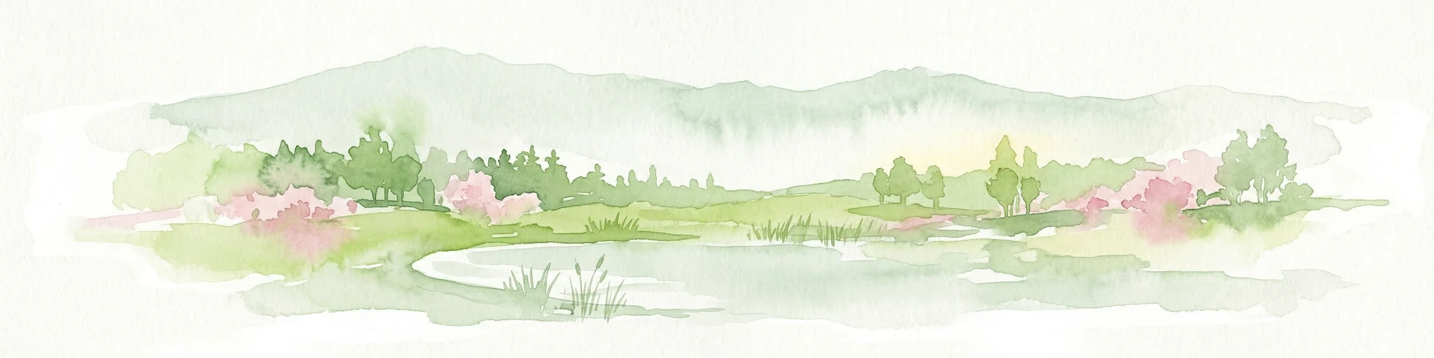 Ilustración de acuarela que muestra colinas onduladas, un lago, árboles con flores rosas y montañas distantes