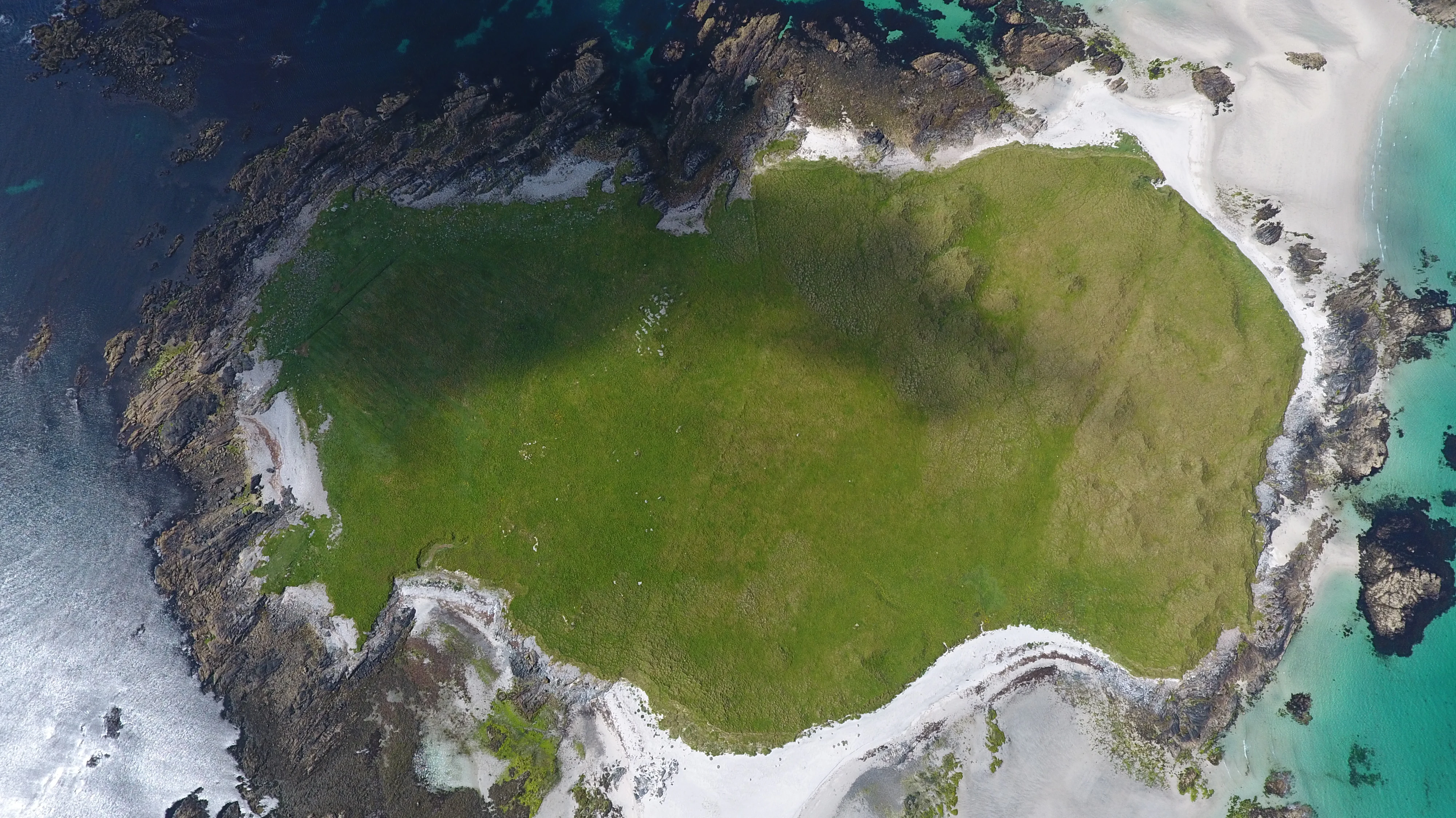 A top down drone view of a small island with green grassy terrain surrounded by white sandy beaches and turquoise and deep blue ocean water.