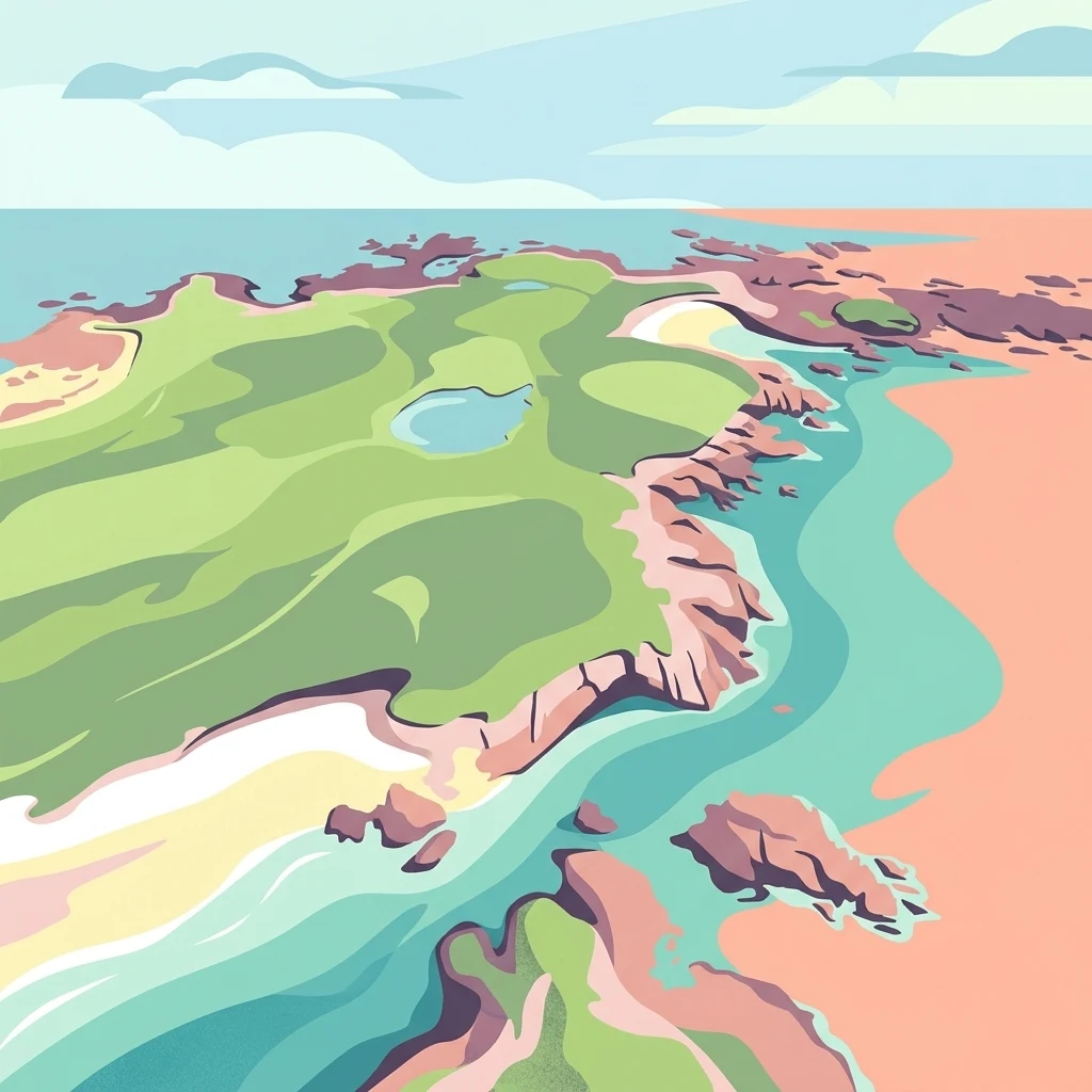 Una ilustración digital en estilo aéreo que muestra una isla baja con campos de hierba, pequeñas charcas de agua y costas rocosas rodeadas de océano azul y orillas arenosas.
