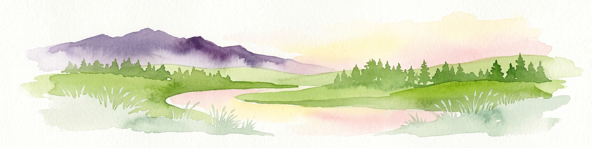 Una pintura en acuarela que muestra un paisaje suave con montañas púrpuras al fondo, una línea de árboles de hoja perenne verdes, y un río que serpentea por una llanura cubierta de hierba bajo un cielo claro.