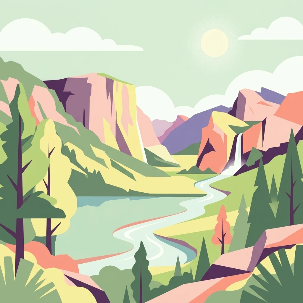 A flat-style digital illustration of a scenic valley featuring tall cliffs, a winding river, a small waterfall, pine trees, and a sunlit sky.