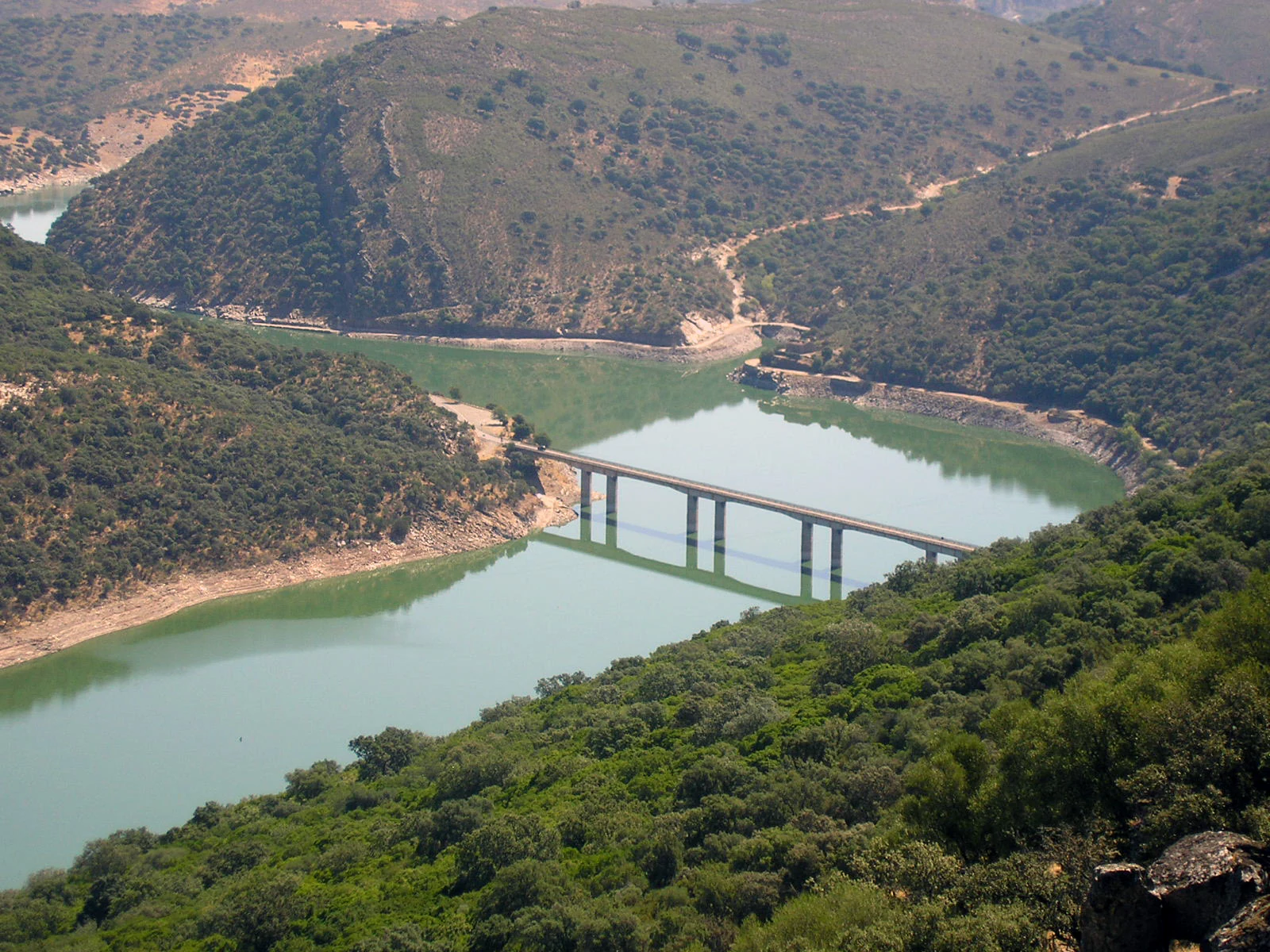 A wide river flowing through a mountainous valley with a long bridge spanning the water, surrounded by dense green hills and forests