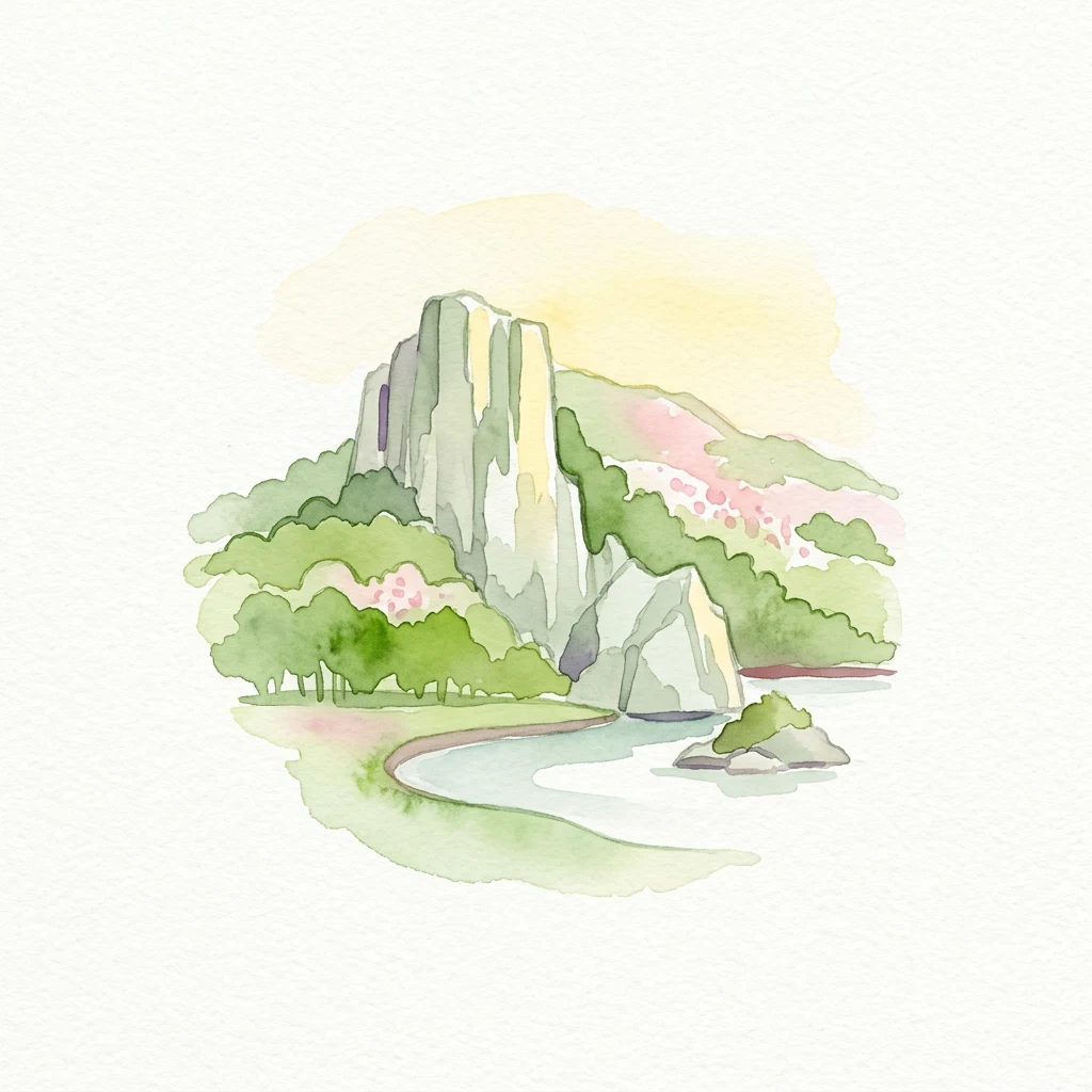 Watercolor illustration of a mountain landscape with a river, trees, and rocks under a soft yellow sky.