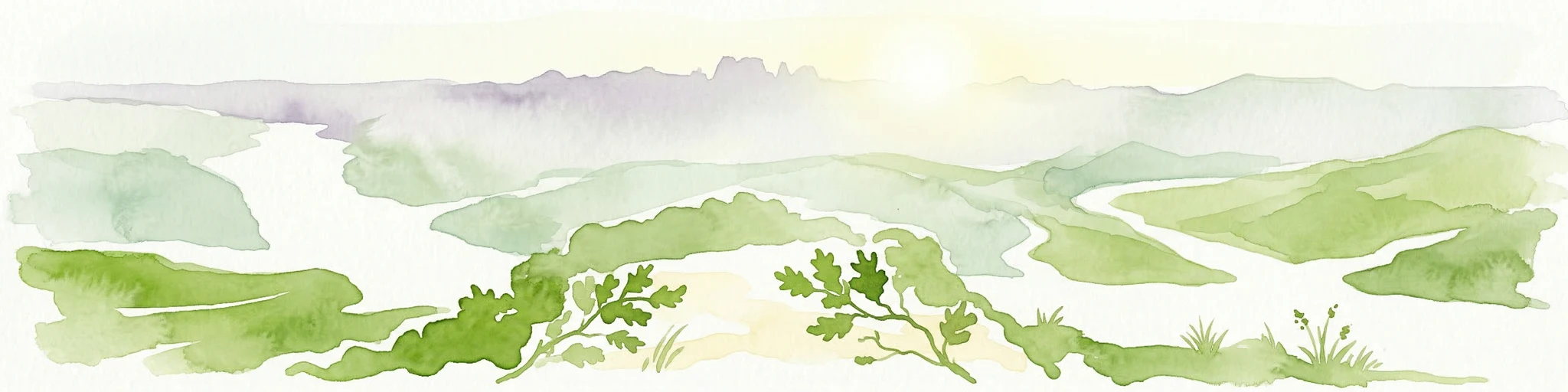 Ilustración en acuarela de colinas verdes onduladas, un río sinuoso y un horizonte distante con un sol suave