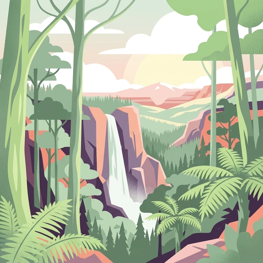 Stylized illustration of a waterfall surrounded by tall trees and ferns with mountains in the background