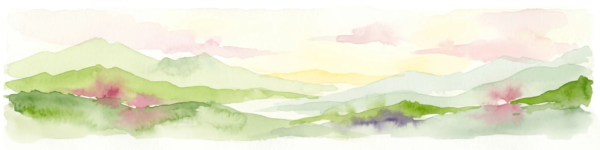 Ilustración en acuarela de colinas verdes, elementos florales rosas y morados, una masa de agua y un cielo suave.