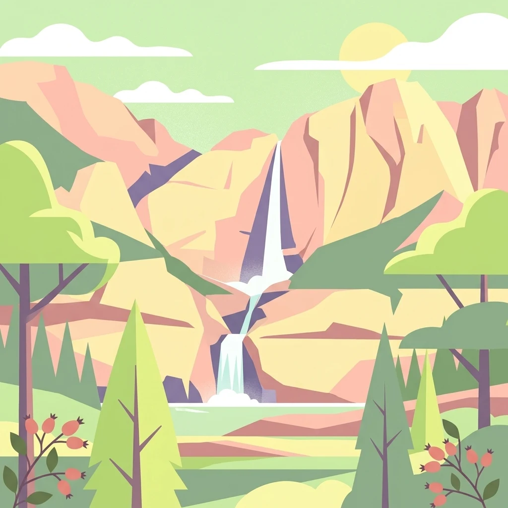 Digital illustration of a mountainous landscape with a multi-tiered waterfall, surrounding forests, and berry bushes in the foreground under a sunny sky.
