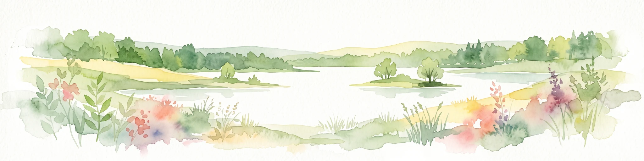 Watercolor illustration of a peaceful lake with trees on a small island and flowering meadows in the foreground.